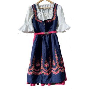 Pink And Navy Blue dirndl dress. Three Piece W/very Full Skirt and Apron